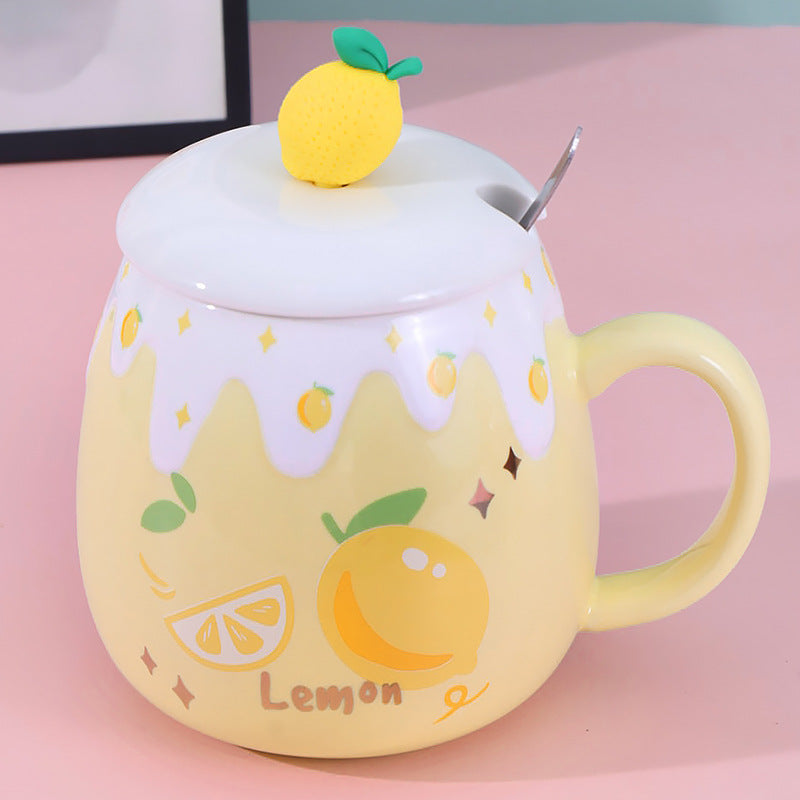 Strawberry Ceramic Coffee Mug With Lid And Spoon Kawaii