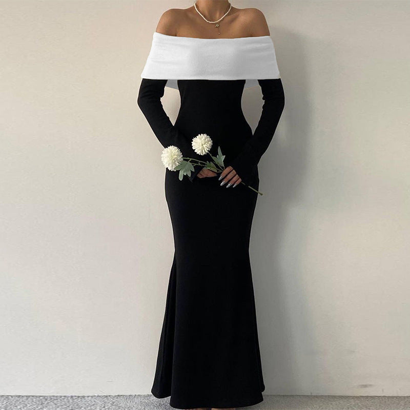 Off-the-shoulder Long Sleeve Colour Bloc Dress