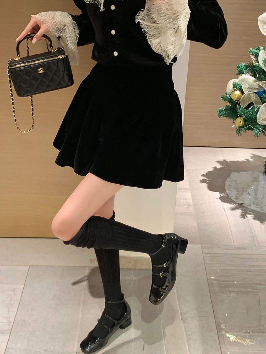 Black Velvet High Waist Pleated Skirt