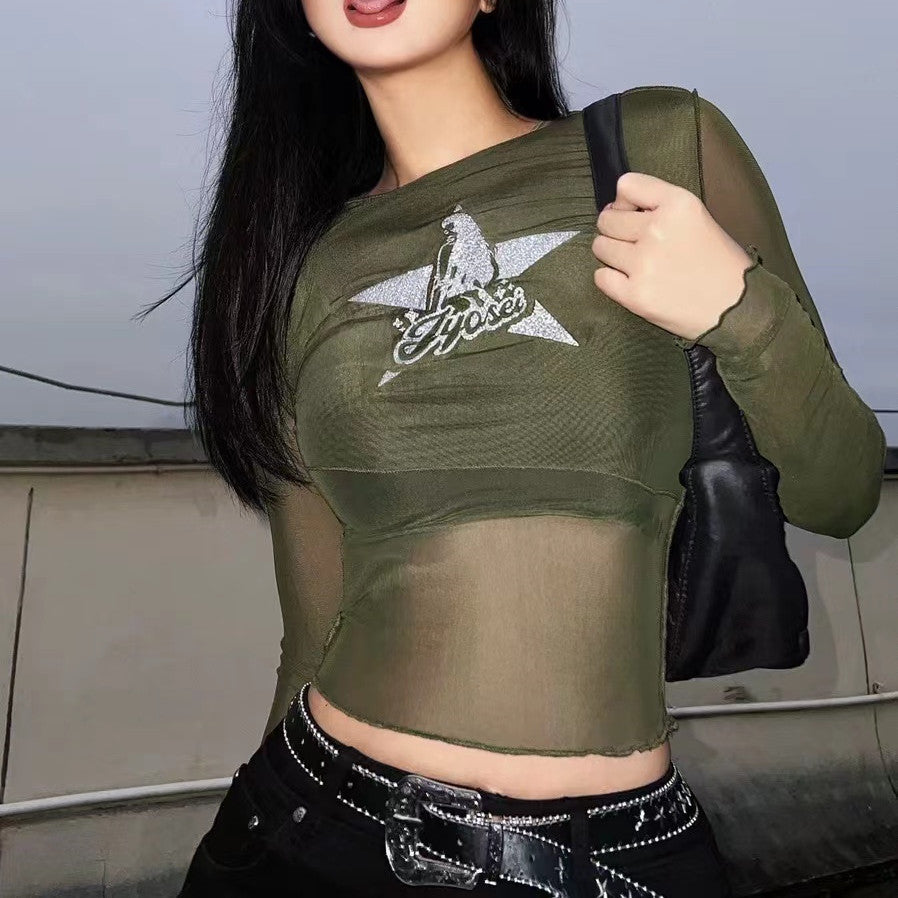 Army Green Mesh Long Sleeve T-Shirt