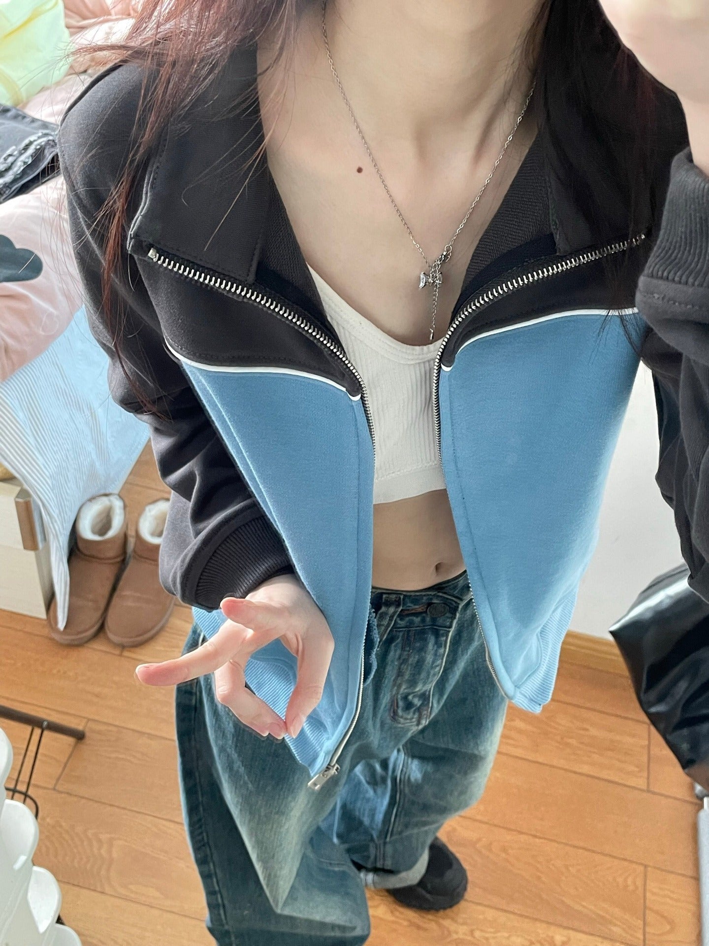 Retro Stand Collar Zipper Short Sweatshirt Cardigan