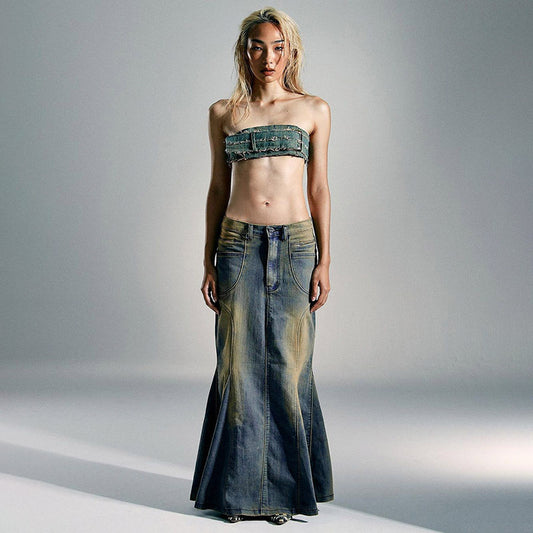 Washed Full-Length Denim Skirt