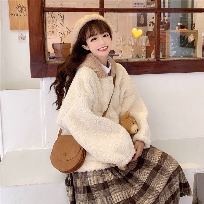 Cute Bear Ear Coat For Lamb Wool Winter Cardigan Top