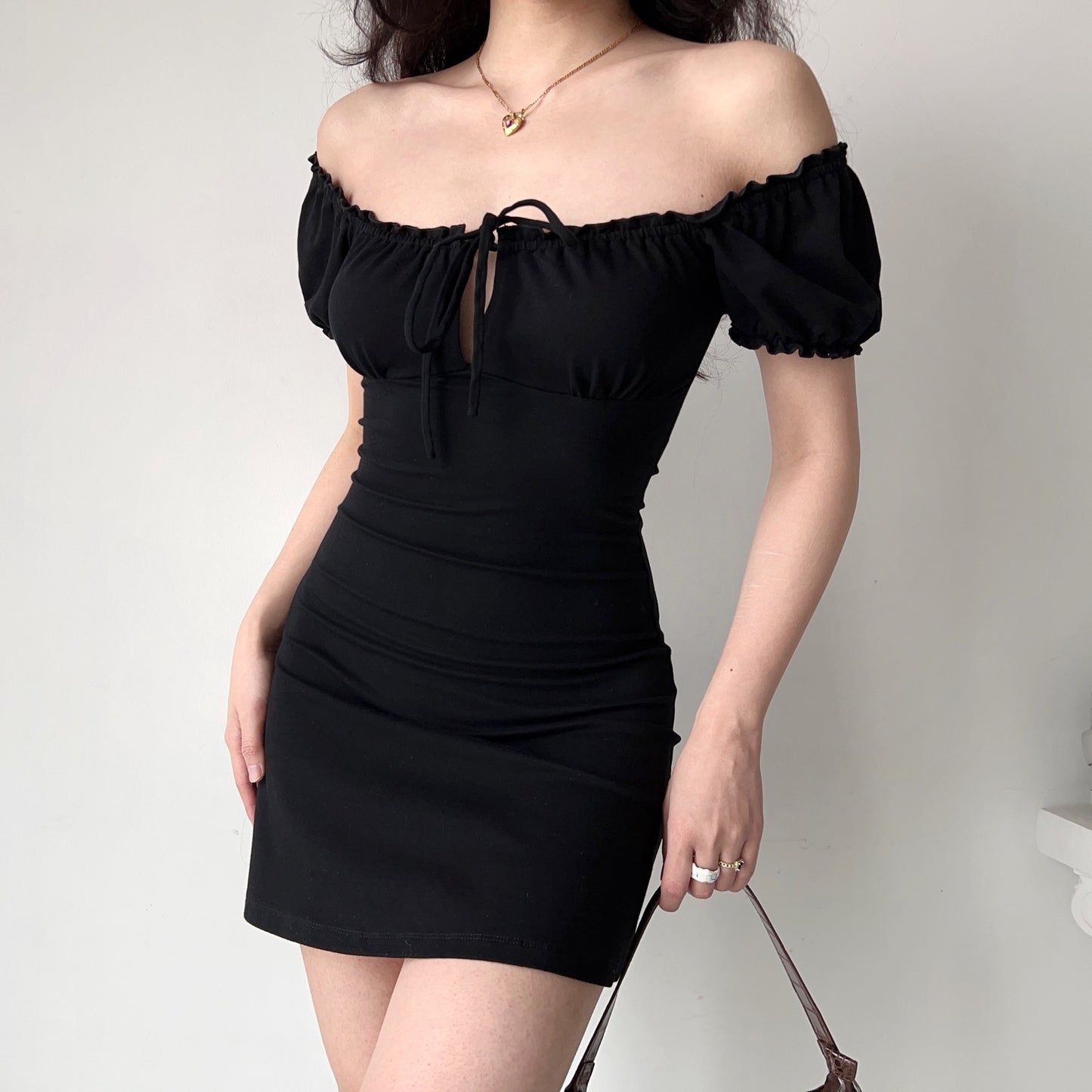 Tied Puff Sleeve Black Dress