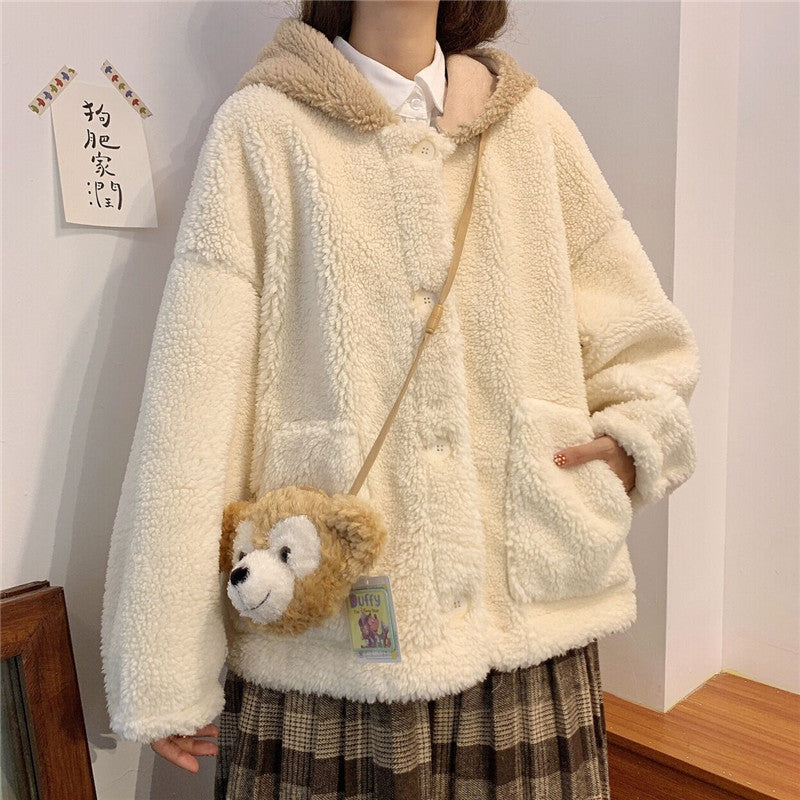 Cute Bear Ear Coat For Lamb Wool Winter Cardigan Top