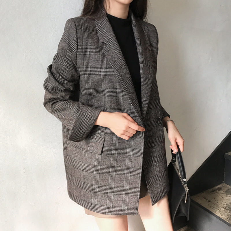 Simple Plaid Lapel Two Button Loose Jacket