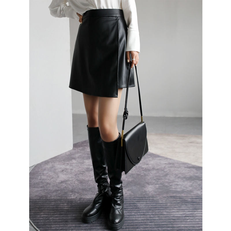 Retro High Waist PU Leather A- Line Small Leather Skirt