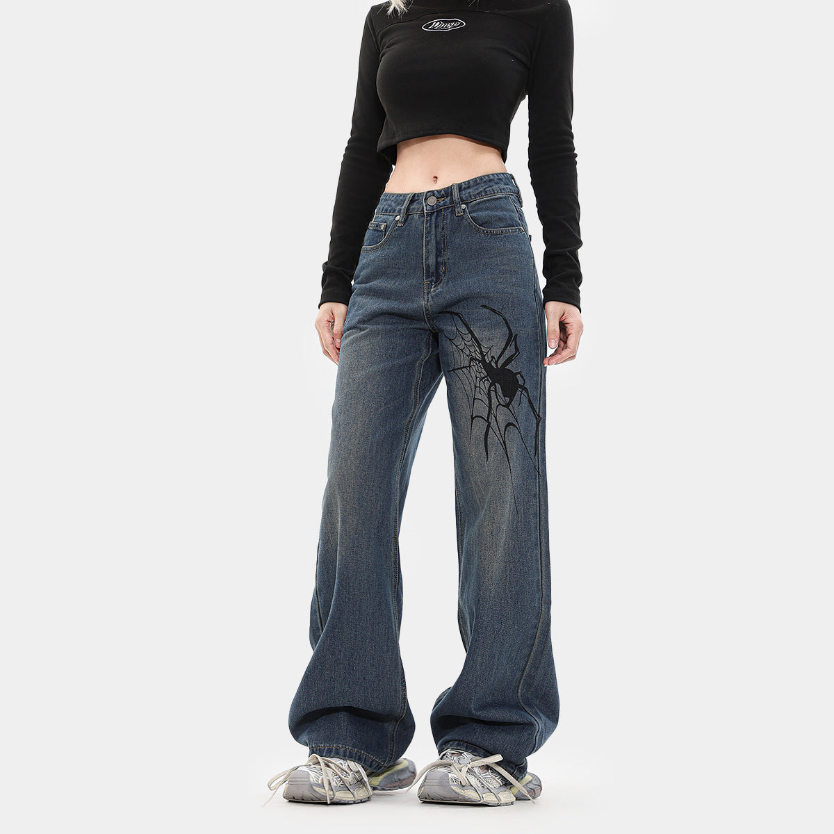 Spider Printed Washed Wide Leg Jeans