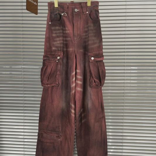 Rust Red Distressed Dirty Big Pocket Denim Wide Leg Pants