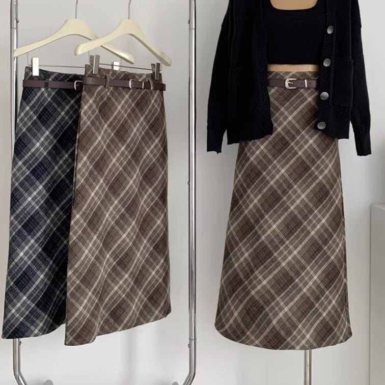 High Waist Mid-length Woolen Plaid Skirt