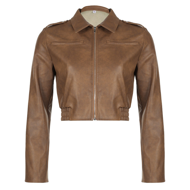 Lapel Long-sleeved Leather Jacket