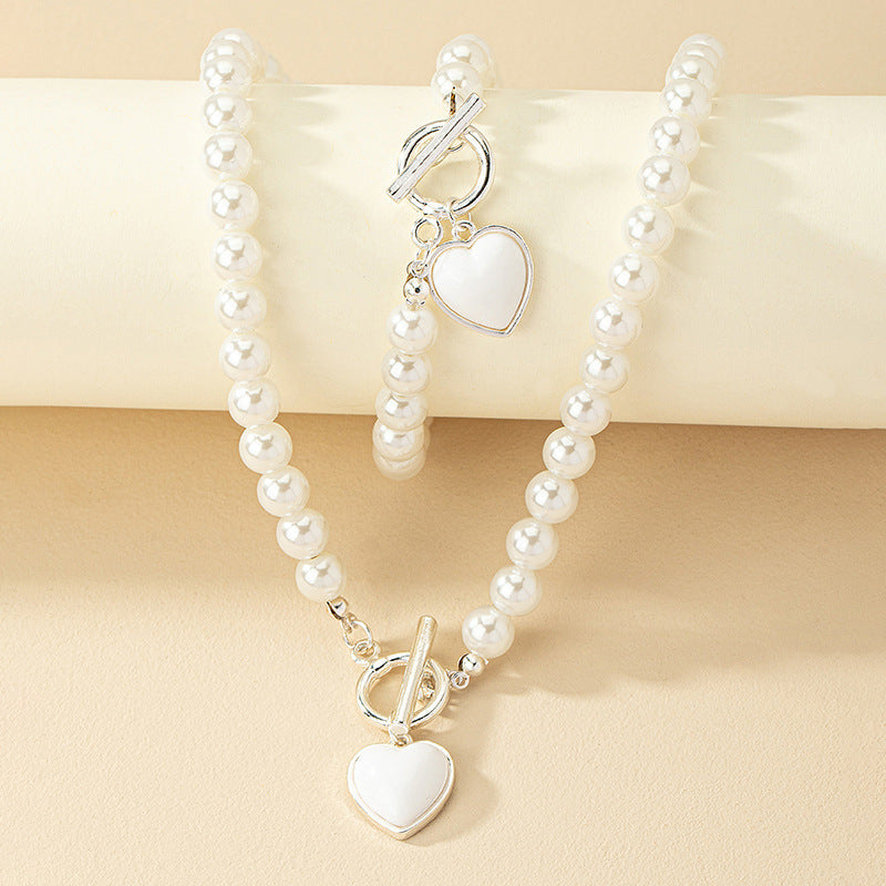 Pearl Bracelet And Necklace Set With Hearts Clavicle Chain