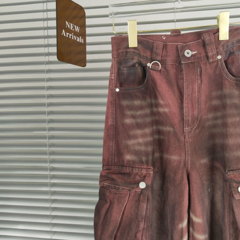 Rust Red Distressed Dirty Big Pocket Denim Wide Leg Pants