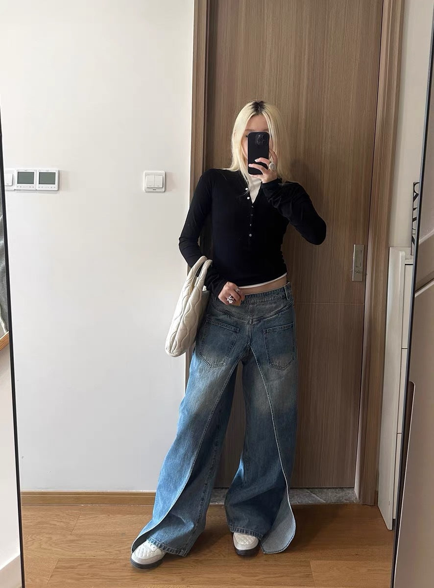 Retro Washed Slimming Wide-leg Jeans