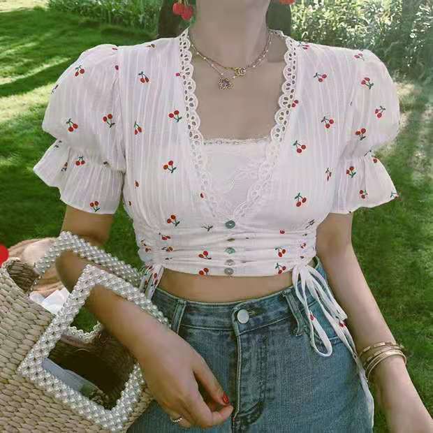 Summer Puff Sleeve V-neck Lace Short Shirt Top