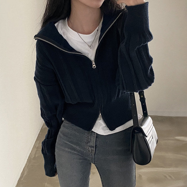 Lapel Double Zippered Sweater Jacket