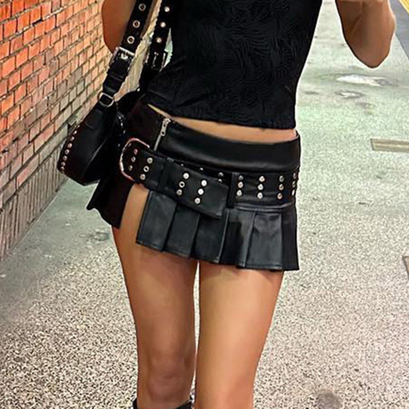 Dark Style Rivet Wide Belt Split Leather Low Waist Skirt