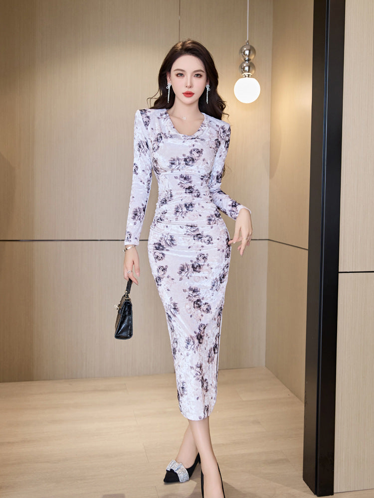 Floral Printed Mid-length Long-sleeved Dress