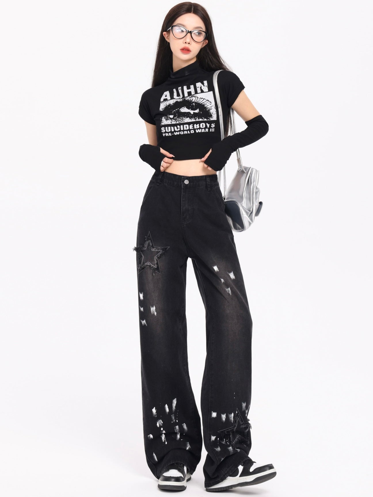 Korean Style Retro XINGX Embroidered Jeans Autumn And Winter New High Waist Splash-ink Wide Leg Straight Mop Pants