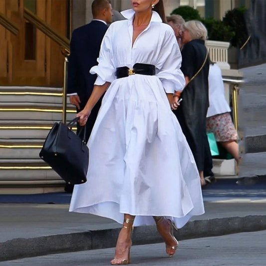 Pure White Lapel Belt Dress