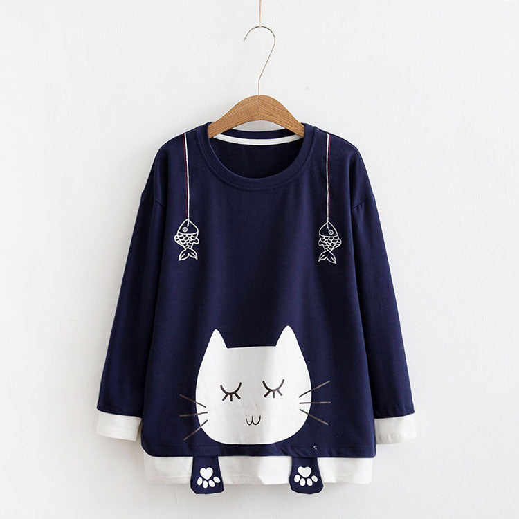 Cute Cat Fishing Long Sleeve Student T-shirt