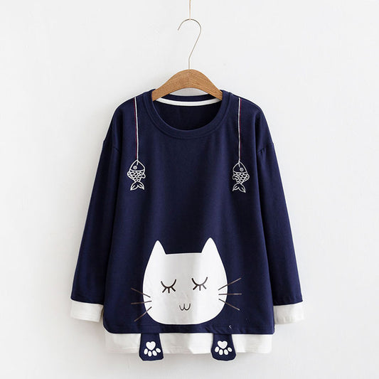 Cute Cat Fishing Long Sleeve Student T-shirt