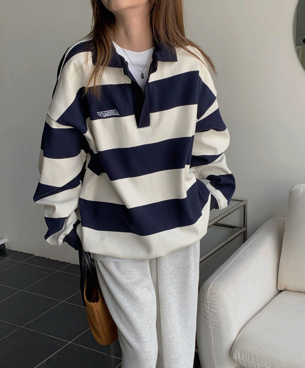 American Retro Polo Collar Striped Sweater