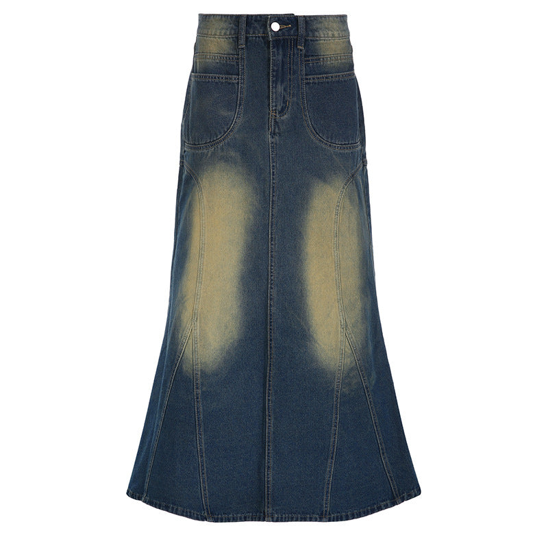 Washed Full-Length Denim Skirt