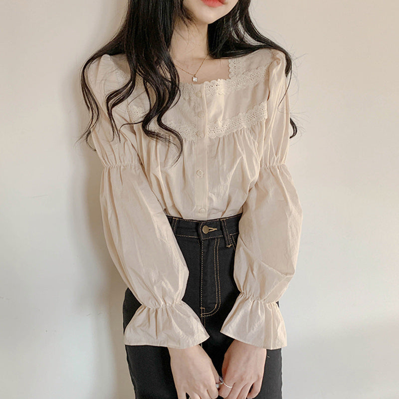 Niche Light Square Frill Collar Lace Shirt