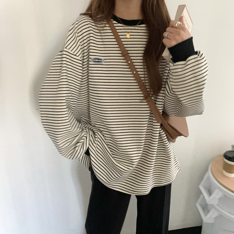 Thin Striped Long-sleeved Sweater Loose Round Neck Pullover