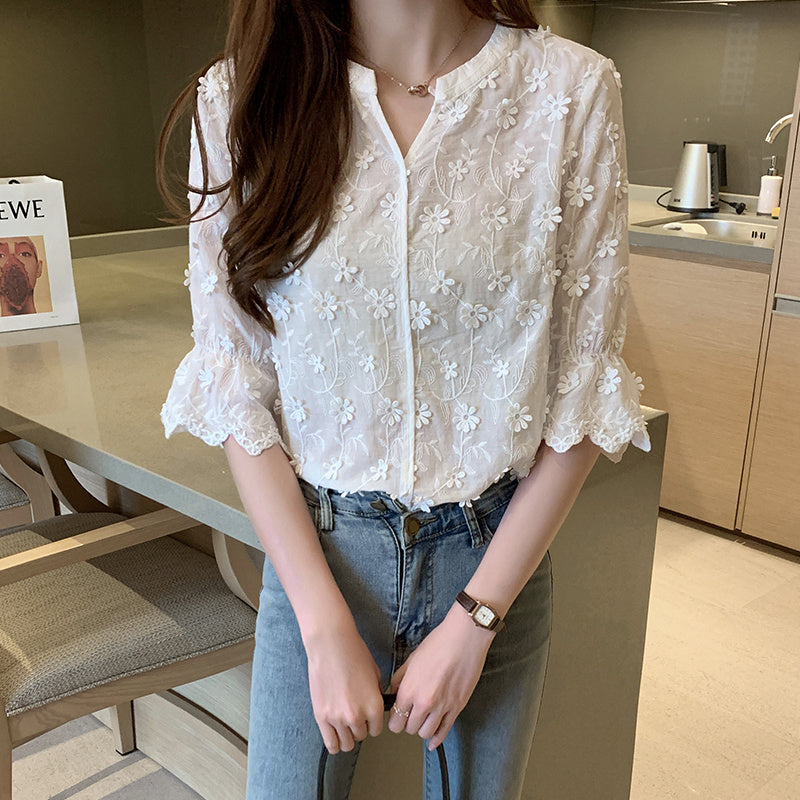 Flared Sleeve Embroidered Blouse