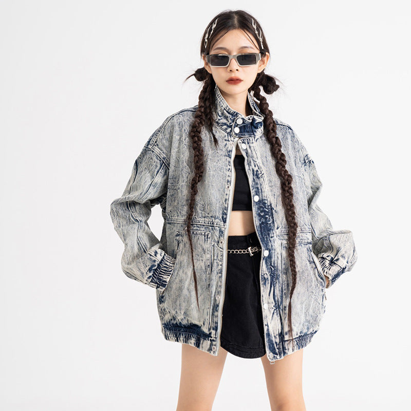 Stand-up Collar Washed Denim Jacket