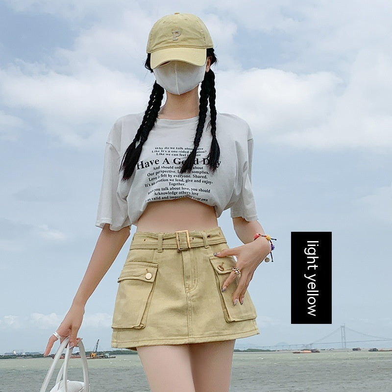 Denim High Waist Straight Cargo Skirt