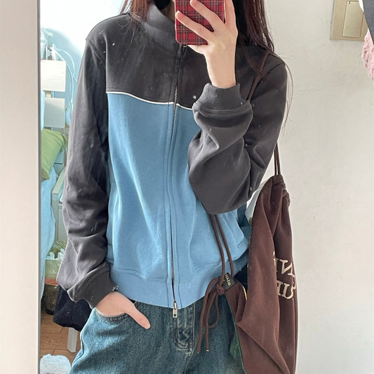 Retro Stand Collar Zipper Short Sweatshirt Cardigan