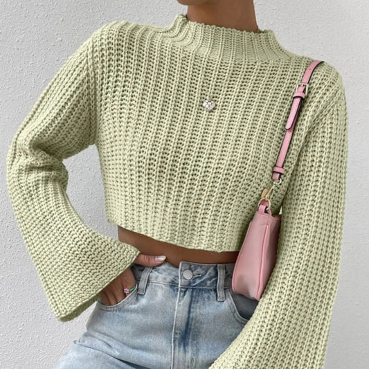 Pure Color All-matching High Waist Short Bell Sleeve Mock Neck Sweater