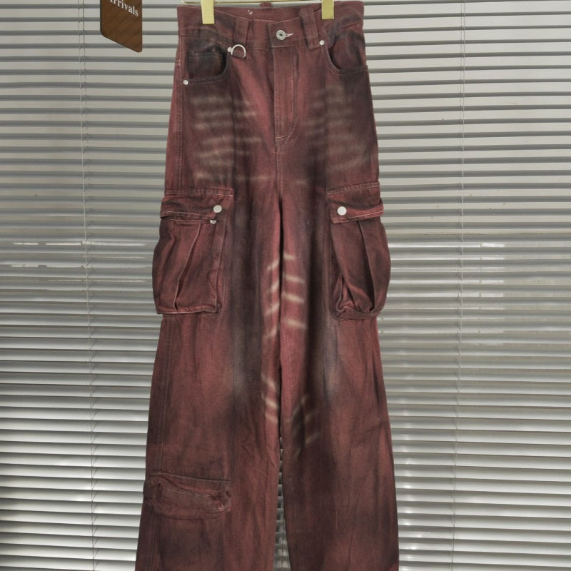 Rust Red Distressed Dirty Big Pocket Denim Wide Leg Pants