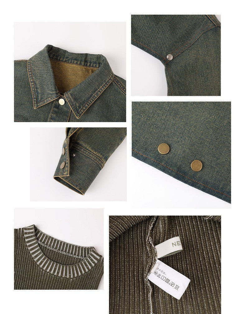 Retro Waste Soil Style Knitted Vest With Denim Jacket