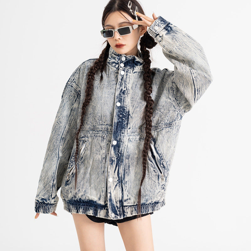 Stand-up Collar Washed Denim Jacket