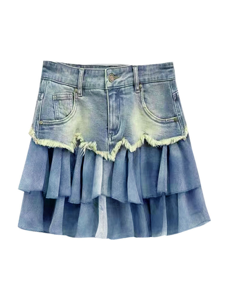 Stitching Denim A- Line Overall Skirt