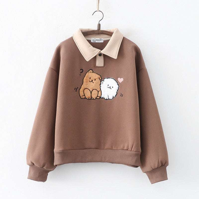 Japanese College Style Cartoon Wool Dog Fleece-lined Thickened Pullover Long Sleeve Sweater