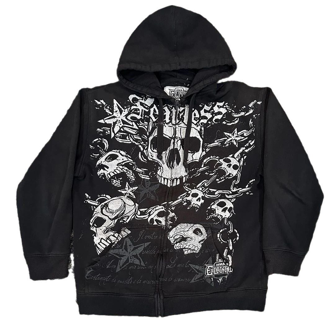 Punk Dark Skull Printed Hoodie Loose Zip Cardigan Sports Pullover Top