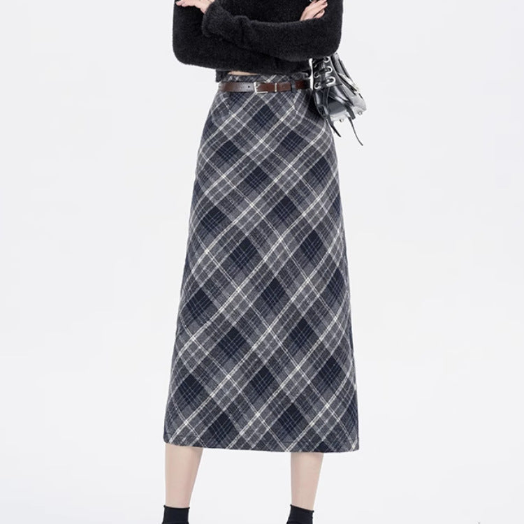 High Waist Mid-length Woolen Plaid Skirt