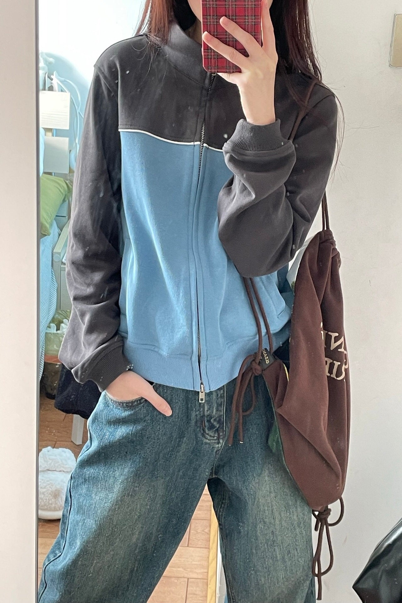 Retro Stand Collar Zipper Short Sweatshirt Cardigan