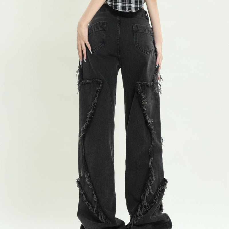 Retro Wide Leg Frayed Five-pointed Star Jeans Simple