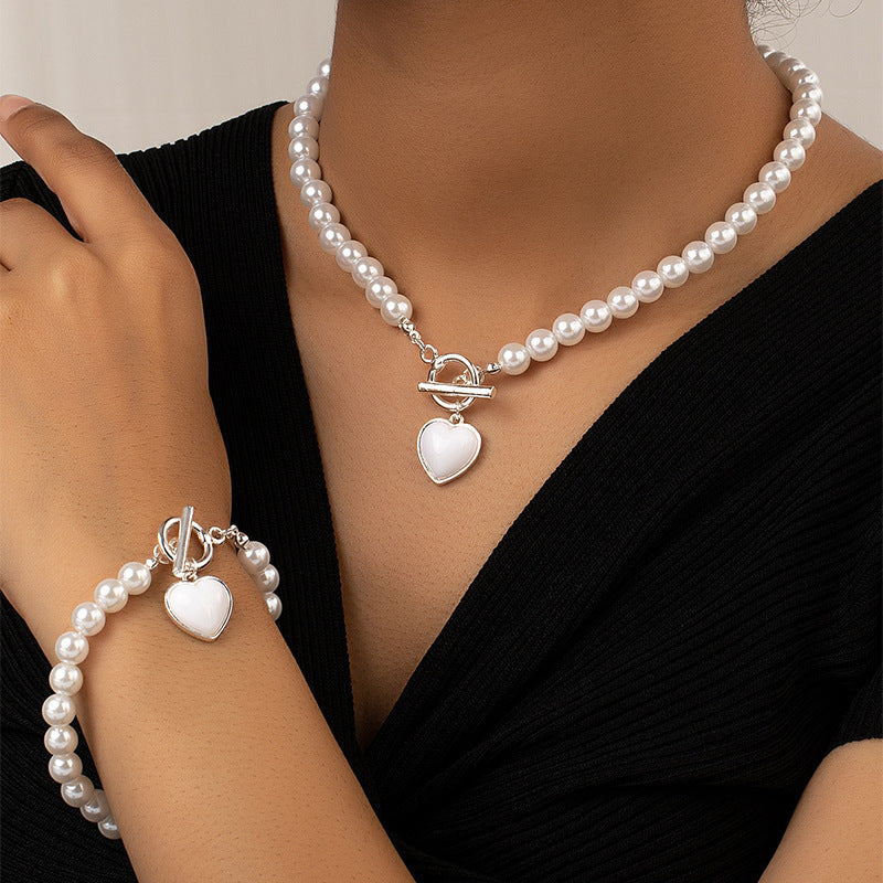 Pearl Bracelet And Necklace Set With Hearts Clavicle Chain