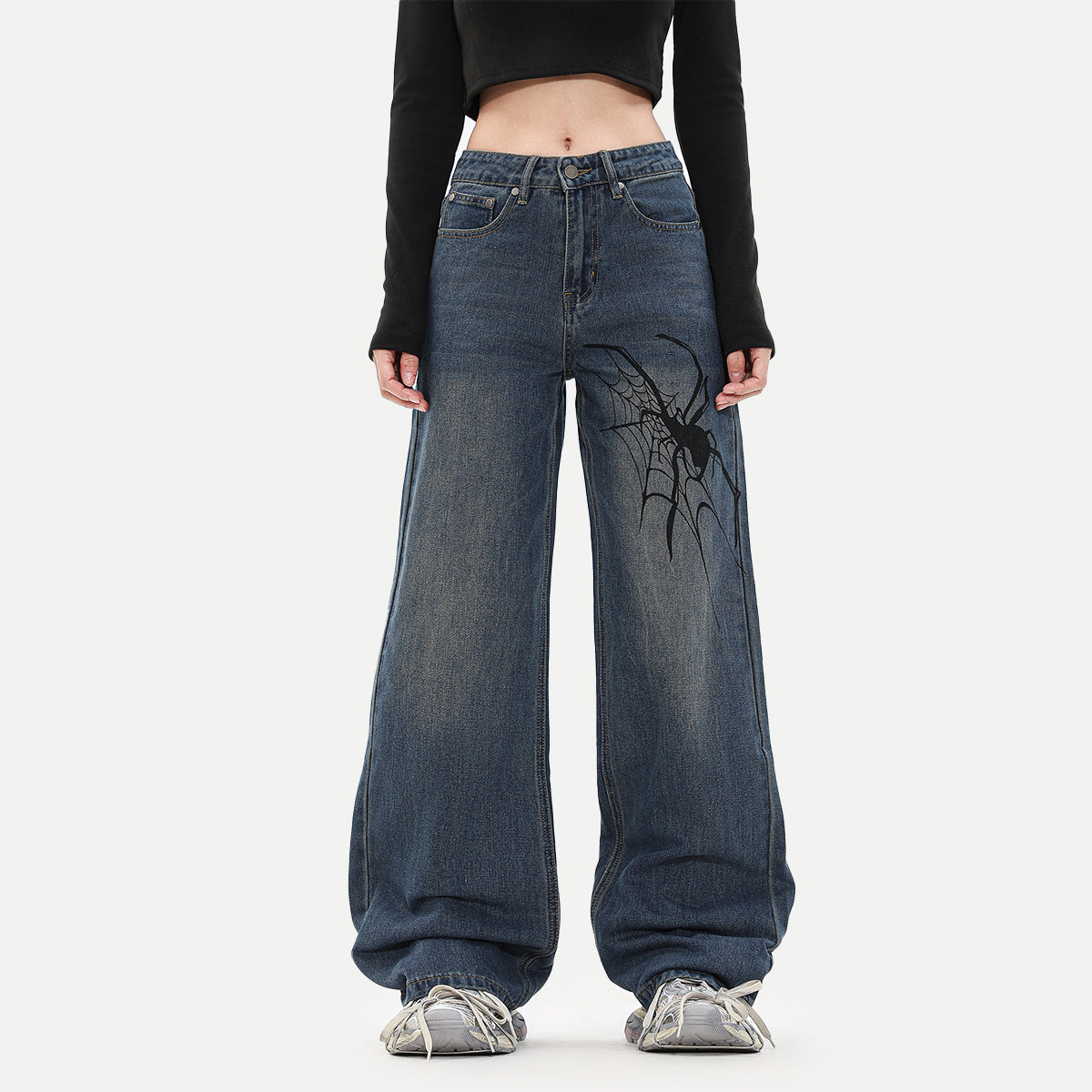 Spider Printed Washed Wide Leg Jeans