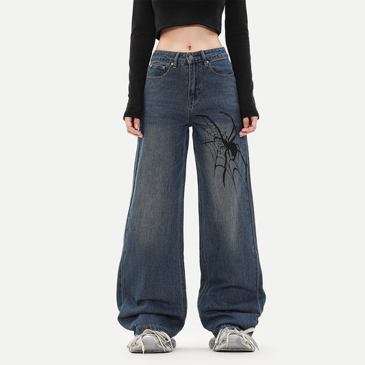 Spider Printed Washed Wide Leg Jeans