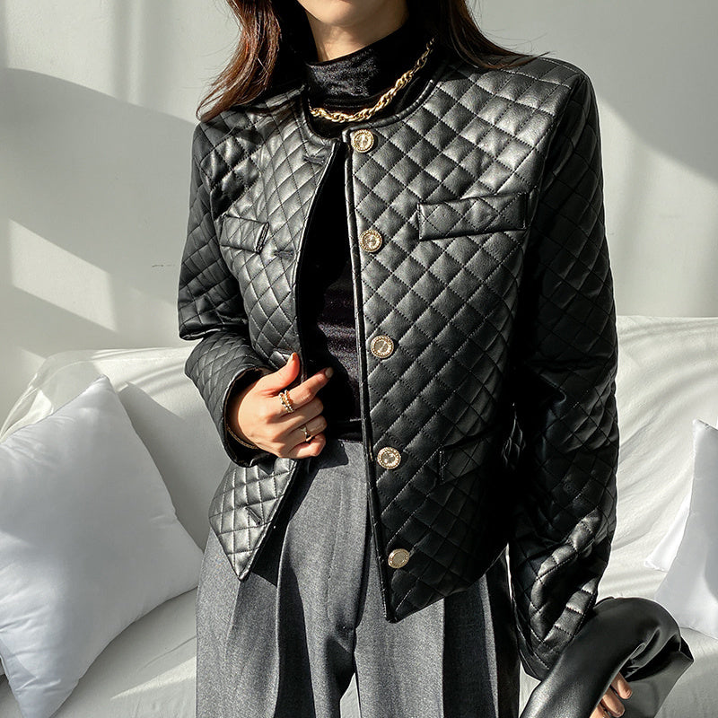 Rhombus Loose Padded Leather Jacket