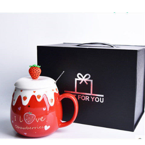 Strawberry Ceramic Coffee Mug With Lid And Spoon Kawaii