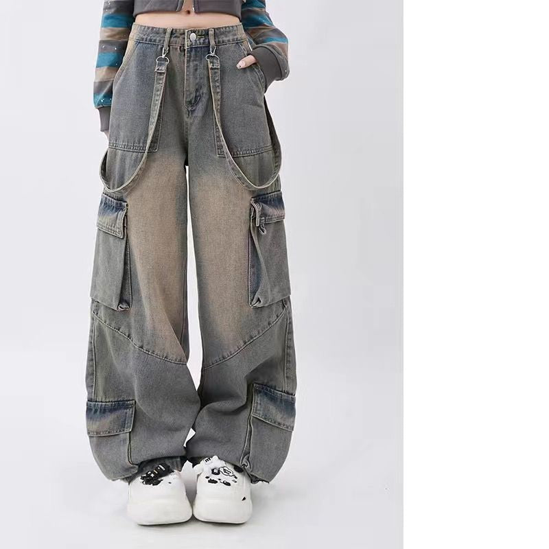 Retro Workwear Distressed Pocket Design Straight Mopping Pants